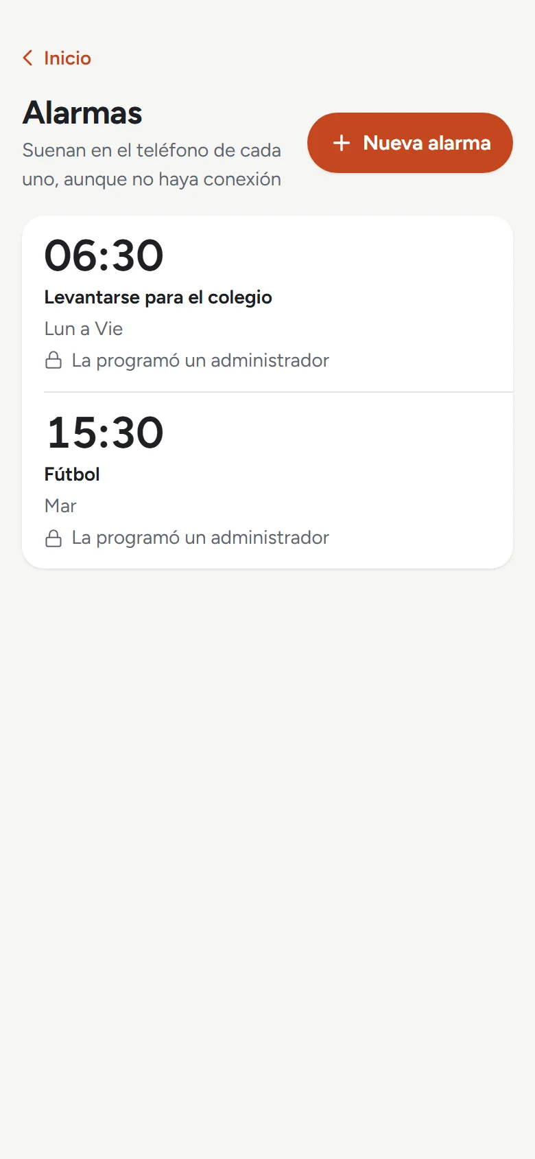 Alarmas de Lucía: 06:30 para levantarse al colegio de lunes a viernes, programada por un administrador.
