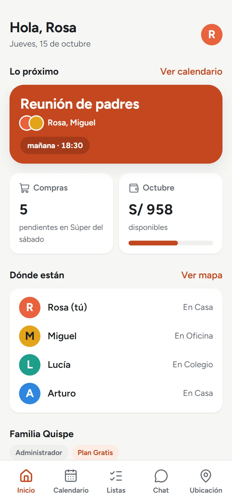 Pantalla de inicio de Gavi Nido: el próximo evento, las compras pendientes, el presupuesto del mes y dónde está cada miembro.