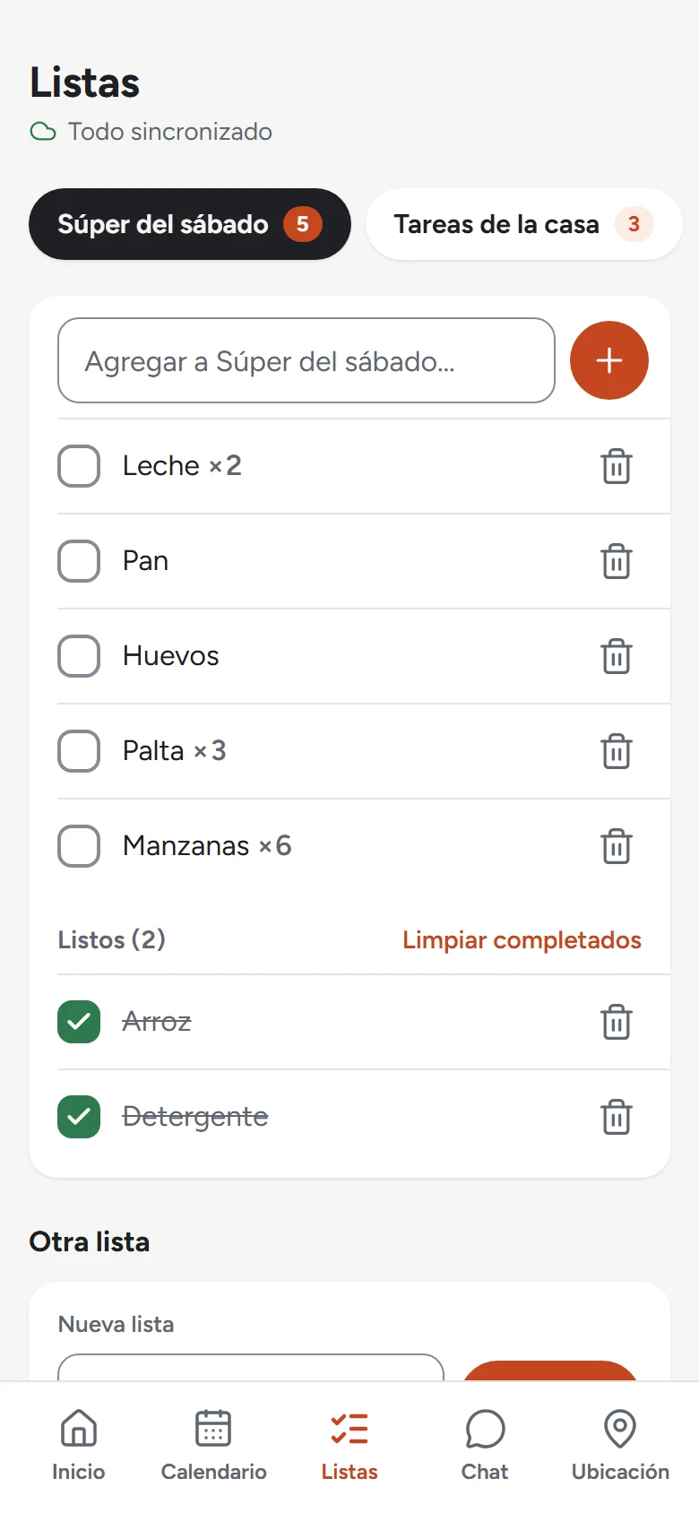 Lista Súper del sábado con cinco pendientes y dos productos ya marcados.